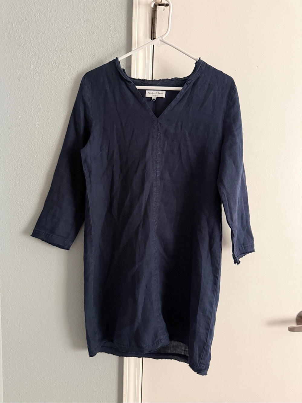Michael Stars Paloma 100% Linen Dress Small Navy Blue 3/4 sleeve